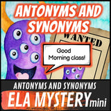 Antonyms and synonyms ELA Mystery worksheets cover, monster detective theme grades 1-4