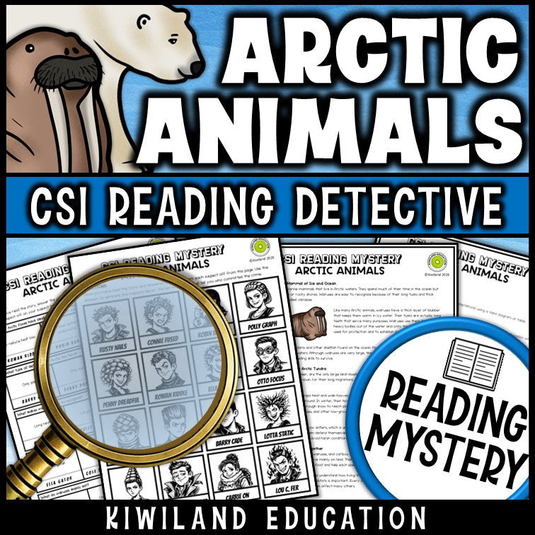 Arctic animals reading mystery comprehension questions worksheet with suspect line-up