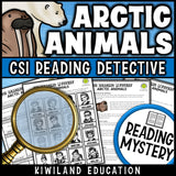 Arctic animals reading mystery comprehension questions worksheet with suspect line-up