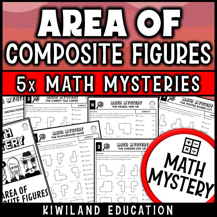 Area of composite figures worksheets for 4th 5th 6th grade, no-prep printable Math Mystery