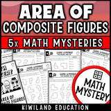 Area of composite figures worksheets for 4th 5th 6th grade, no-prep printable Math Mystery