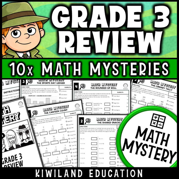 Back to school 3rd grade math review worksheets, printable math mystery detective pack