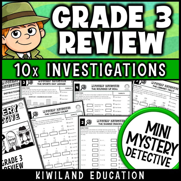 Back-to-school 3rd grade math review worksheets mystery detective