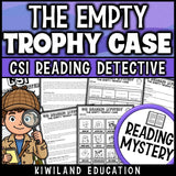 Back to school reading comprehension passage CSI detective mystery cover, The Empty Trophy Case, grades 3-5