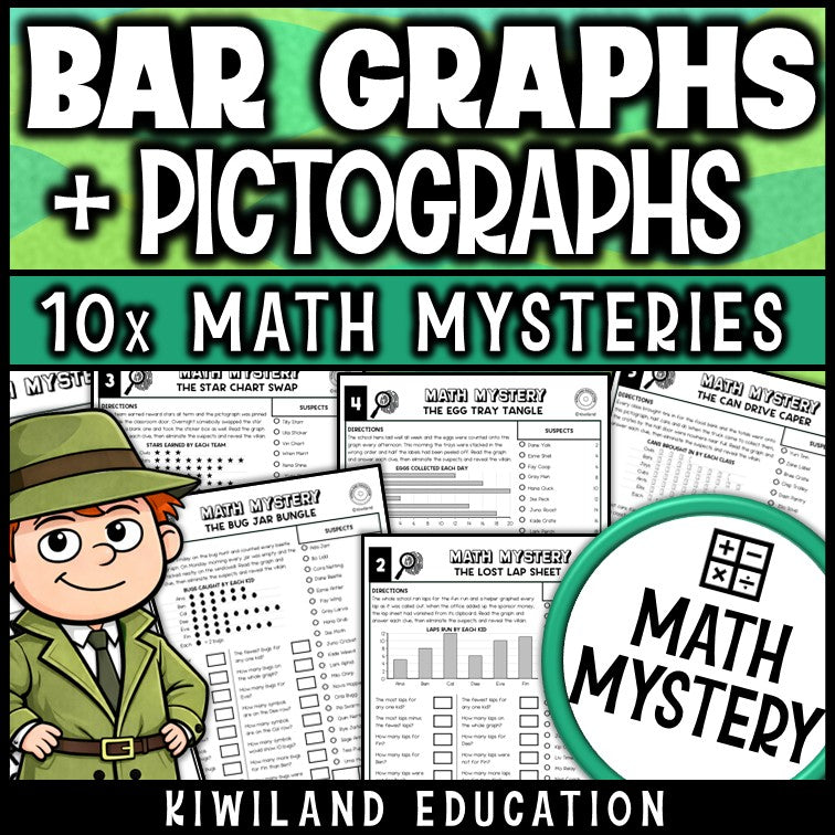 Bar graphs and pictographs math mystery worksheets for 3rd grade, no prep printable detective pack
