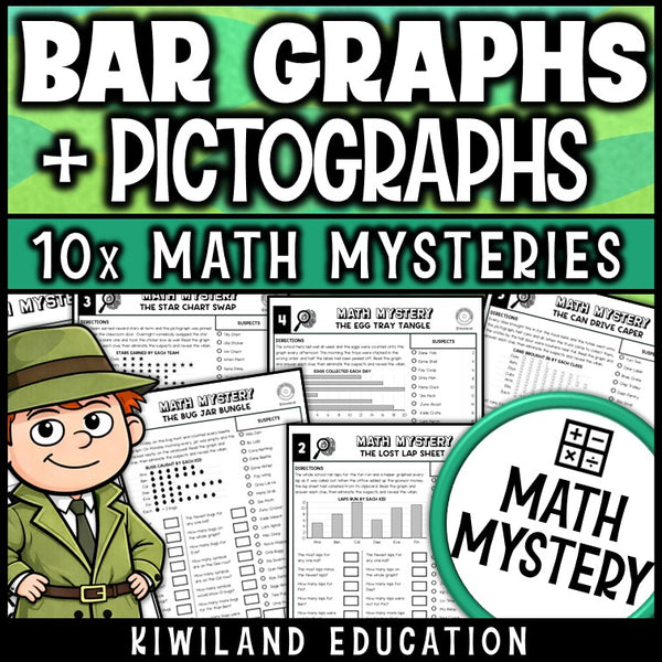 Bar graphs and pictographs math mystery worksheets for 3rd grade, no prep printable detective pack