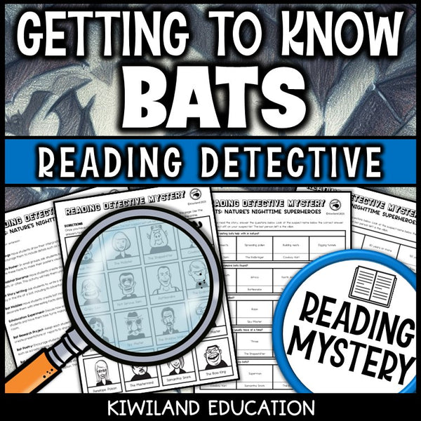 Bats reading mystery comprehension questions worksheet with suspect line-up