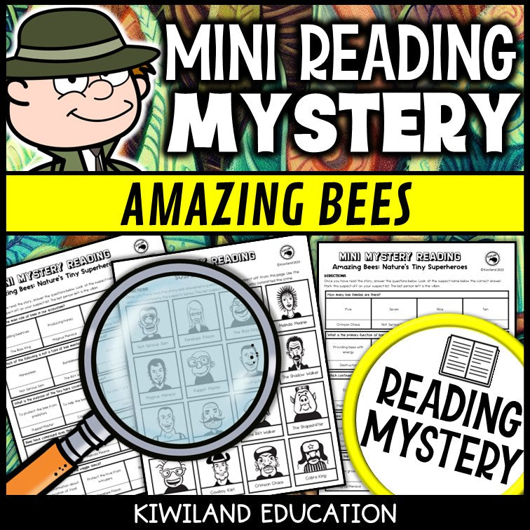 Bees and pollination reading mystery comprehension questions worksheet with suspect line-up