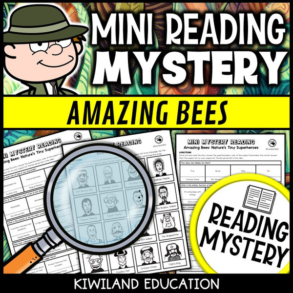 Bees and pollination reading mystery comprehension questions worksheet with suspect line-up