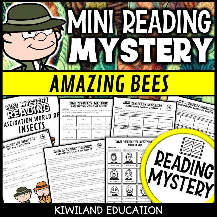 Bees and pollination reading mystery comprehension activity cover for grades 3-6