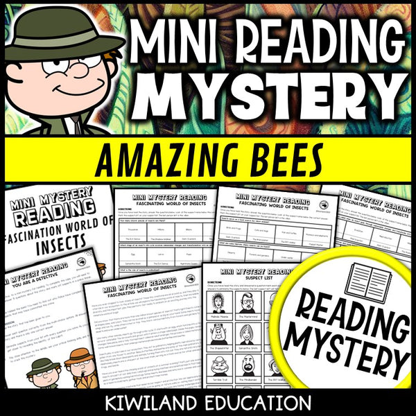 Bees and pollination reading mystery comprehension activity cover for grades 3-6