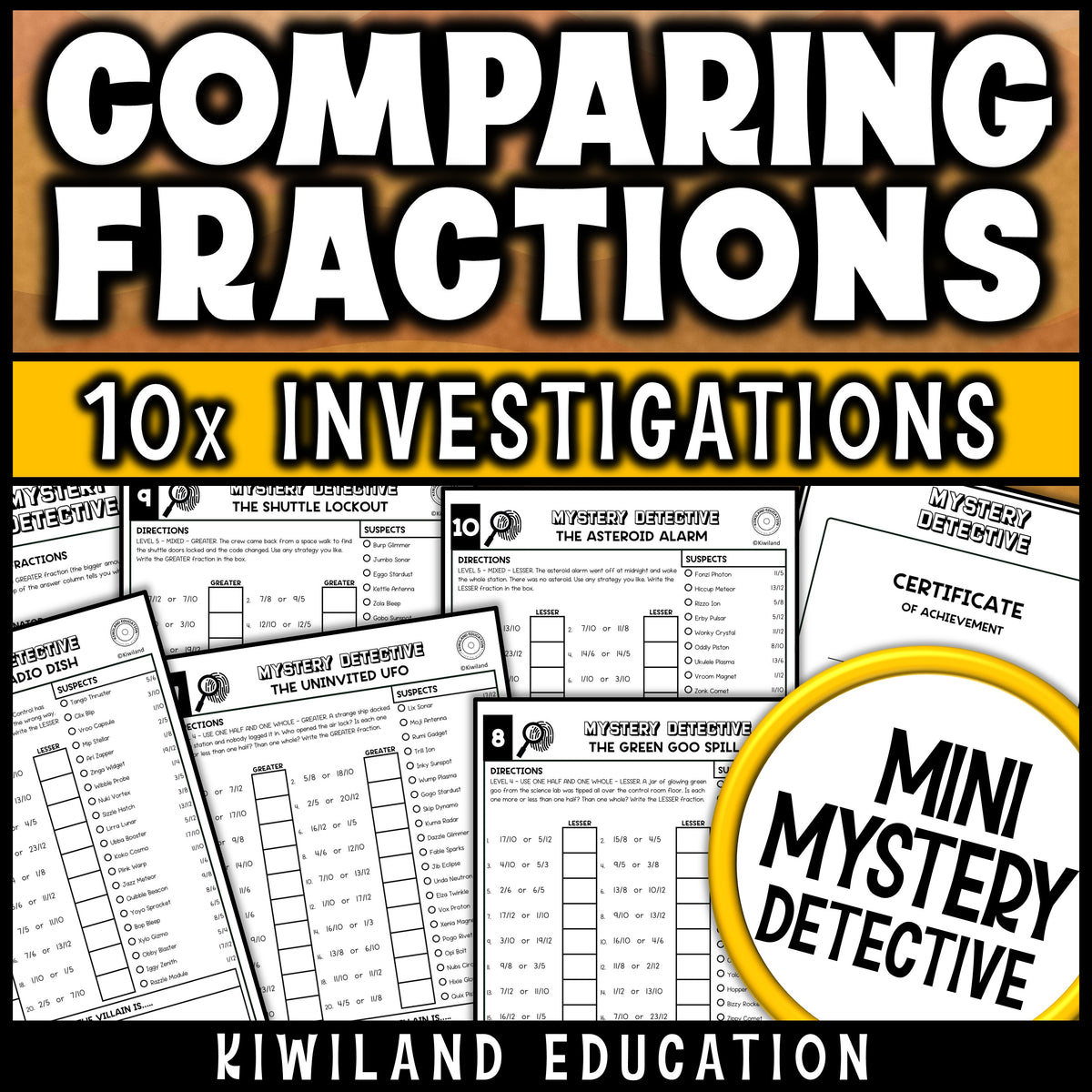 Benchmark fractions practice comparing to one half and one whole, plus same numerator, same denominator and unlike denominators, set on a space station