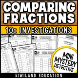 Benchmark fractions practice comparing to one half and one whole, plus same numerator, same denominator and unlike denominators, set on a space station