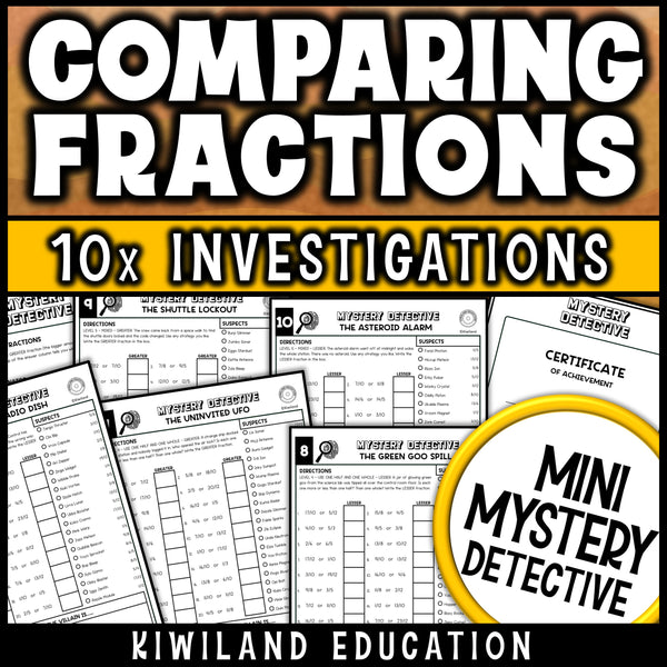 Benchmark fractions practice comparing to one half and one whole, plus same numerator, same denominator and unlike denominators, set on a space station