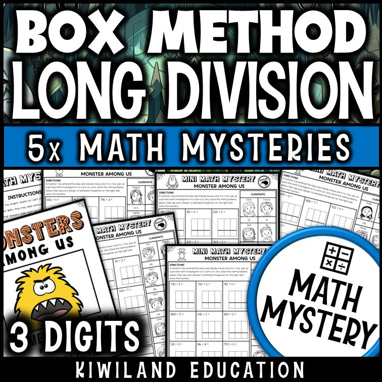 3-Digit Box Method Long Division Math Mystery worksheets cover - monster theme printable