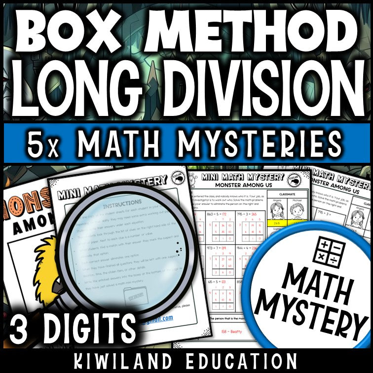3-digit box method long division math mystery worksheet sample pages