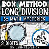 3-digit box method long division math mystery worksheet sample pages