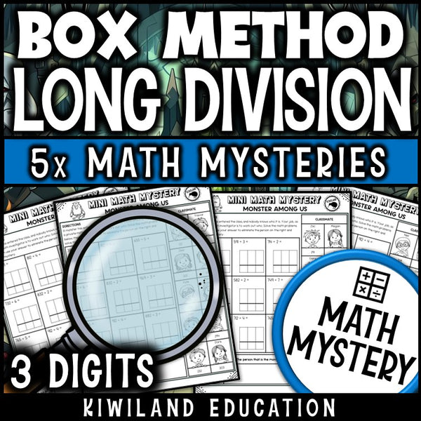 Box method long division no remainders detective math mystery activity