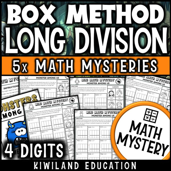4-Digit Box Method Long Division Math Mystery worksheets cover - monster theme printable