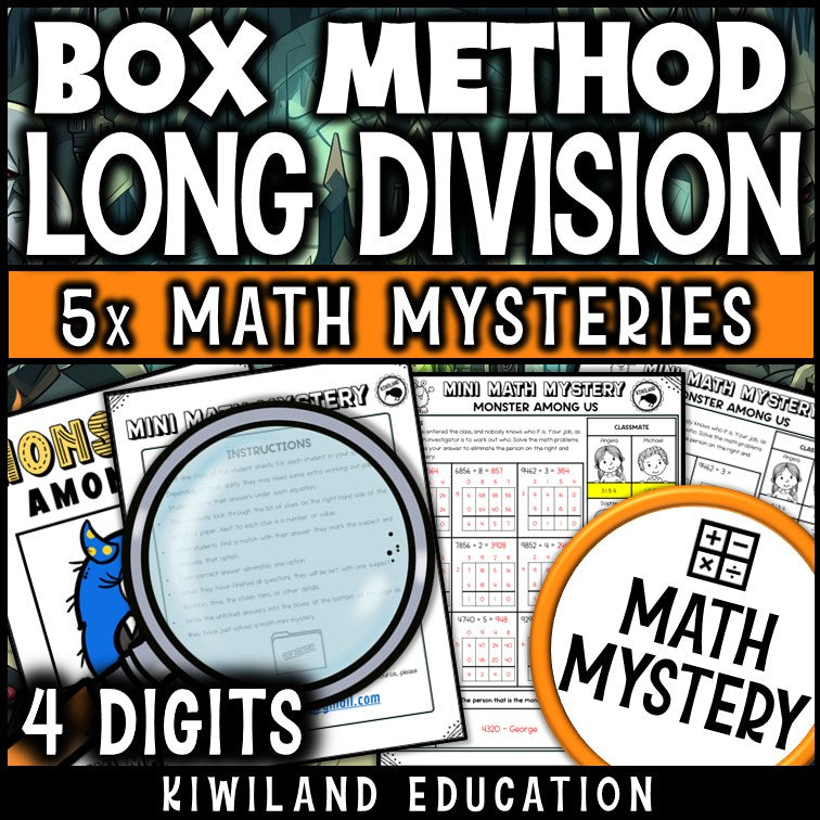 4-digit box method long division math mystery worksheet sample pages