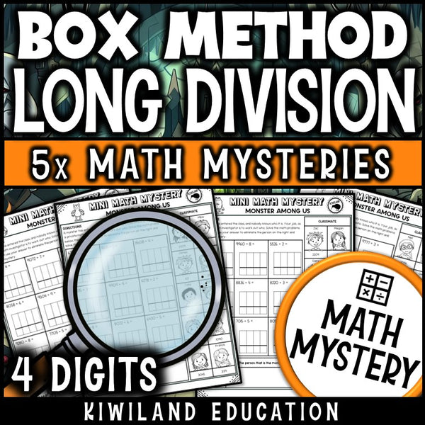 Box method long division no remainders detective math mystery activity
