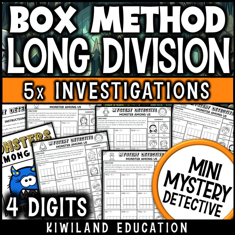 Box method long division 4-digit worksheets 4th grade
