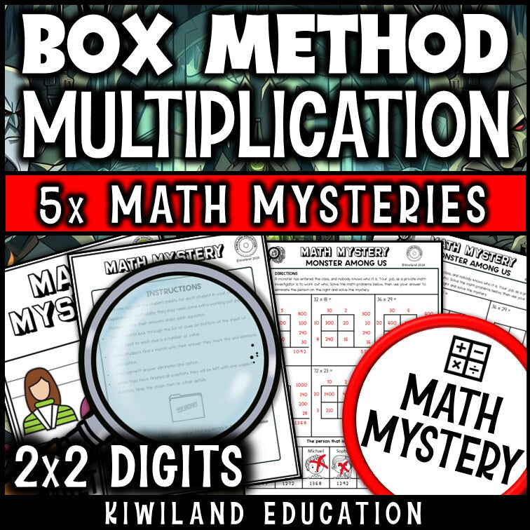 2-digit by 2-digit box method multiplication math mystery worksheet sample pages