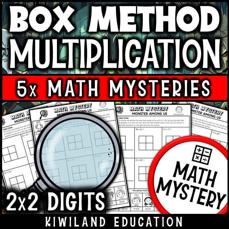 Box method area model multiplication monster detective math mystery activity