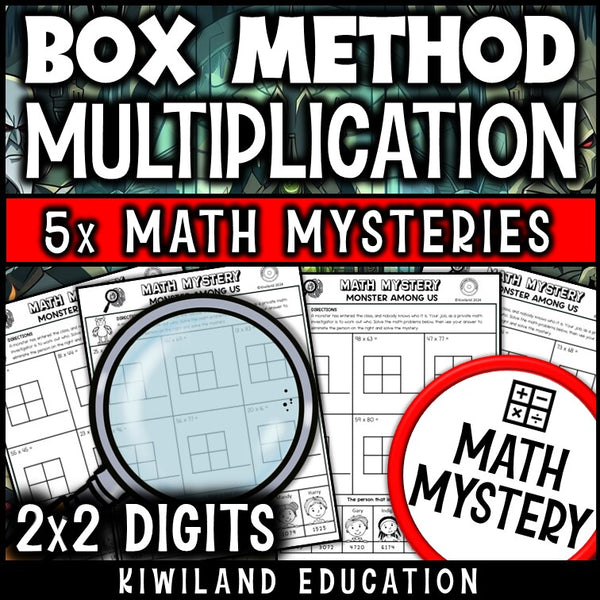 Box method area model multiplication monster detective math mystery activity