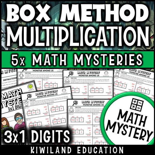 Box Method Multiplication 3-digit by 1-digit math mystery worksheets cover - monster theme