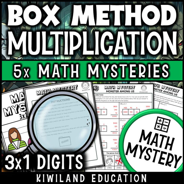 3-digit by 1-digit box method multiplication math mystery worksheet sample pages