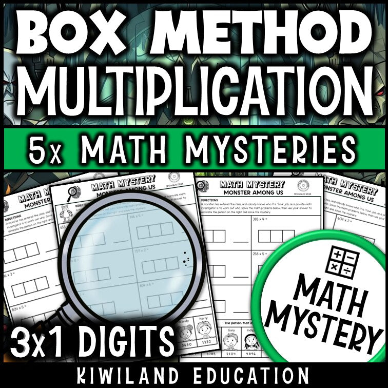 Box method area model multiplication monster detective math mystery activity