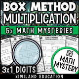 Box method area model multiplication monster detective math mystery activity