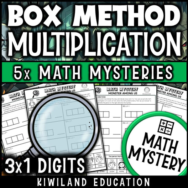 Box method area model multiplication monster detective math mystery activity