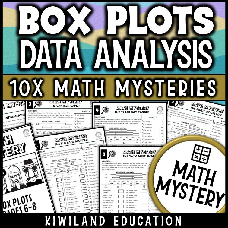 Box plots math mystery worksheets for 6th 7th 8th grade, no prep printable data analysis detective activity