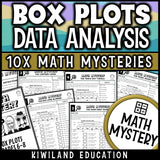 Box plots math mystery worksheets for 6th 7th 8th grade, no prep printable data analysis detective activity