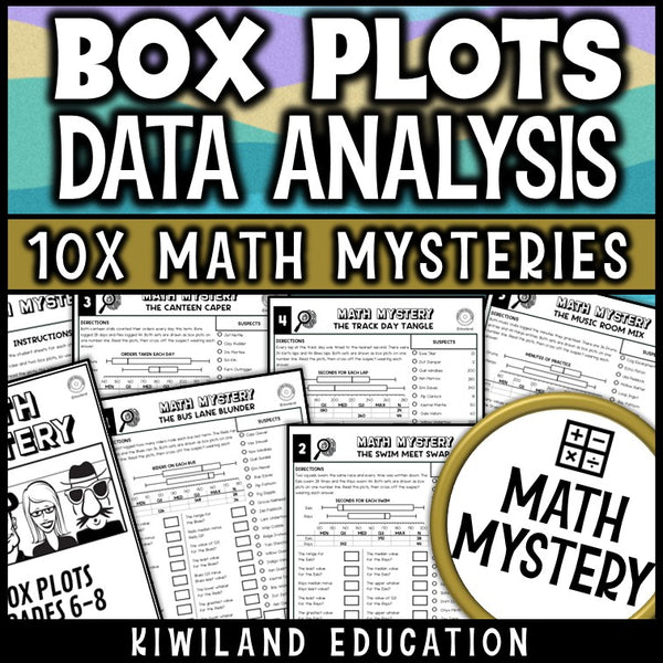 Box plots math mystery worksheets for 6th 7th 8th grade, no prep printable data analysis detective activity