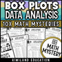 Box plots math mystery worksheets for 6th 7th 8th grade, no prep printable data analysis detective activity