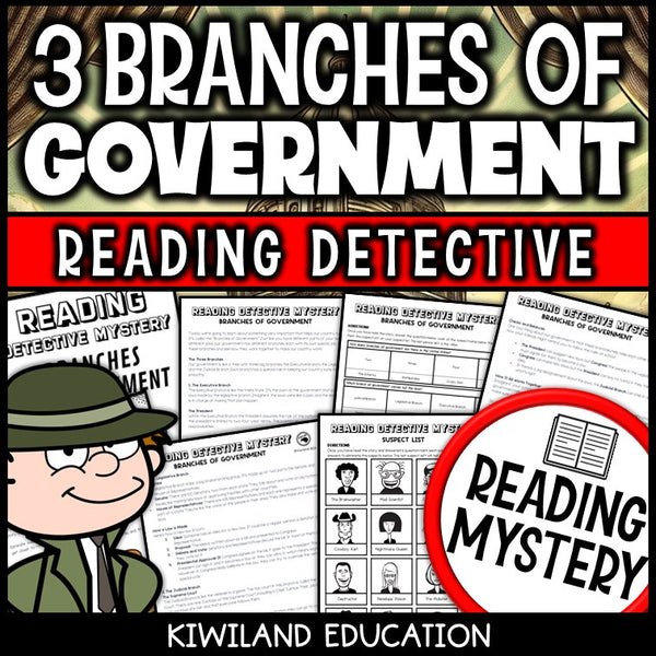 Three branches of government reading mystery comprehension activity cover for grades 3-6