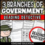 Three branches of government reading mystery comprehension activity cover for grades 3-6