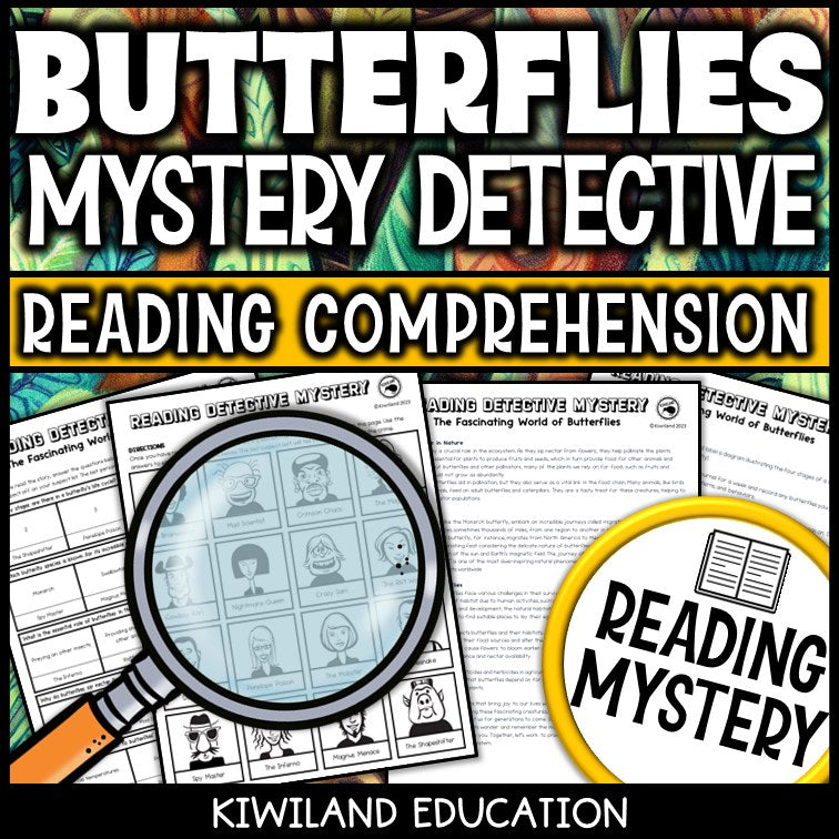 Butterfly life cycle reading mystery comprehension questions worksheet with suspect line-up
