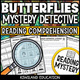 Butterfly life cycle reading mystery comprehension questions worksheet with suspect line-up
