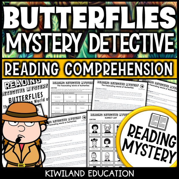 Butterfly life cycle reading mystery comprehension activity cover for grades 3-6