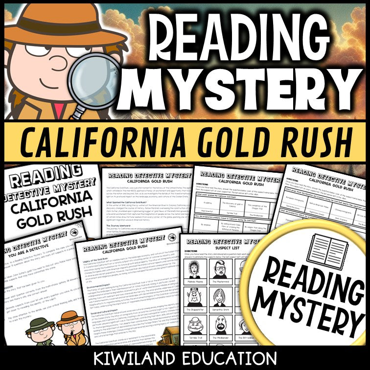 California Gold Rush reading mystery comprehension activity cover for grades 3-6