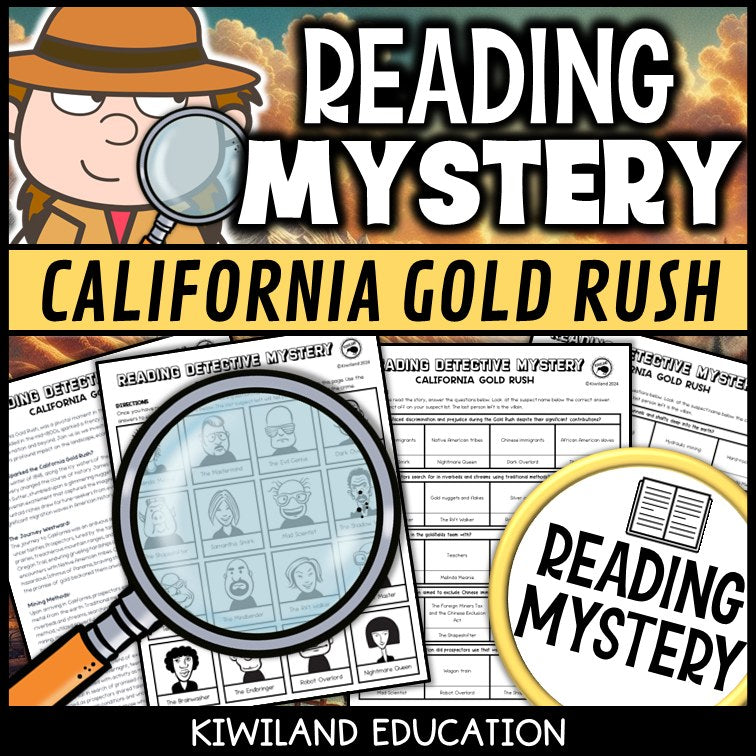 California Gold Rush reading mystery comprehension questions worksheet with suspect line-up