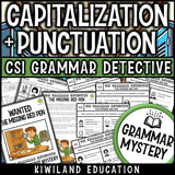 Capitalization and Punctuation ELA Mystery Scoot task cards cover for Grades 3–6