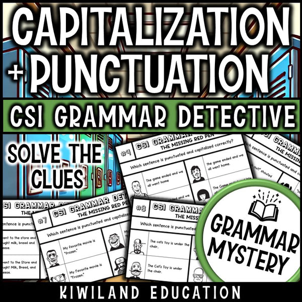 Capitalization and Punctuation ELA Mystery suspect line-up and answer key