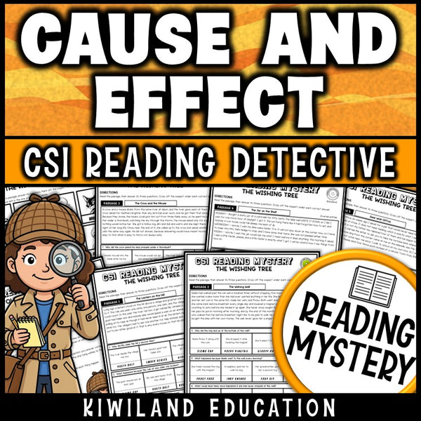 Cause and effect reading comprehension passages CSI detective mystery cover, grades 3-5