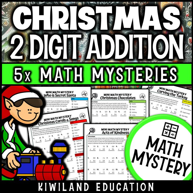 Christmas 2-digit addition with regrouping math mystery worksheets cover