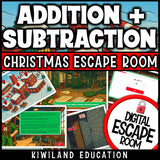 Christmas-themed 2-digit addition and subtraction escape room puzzle screen